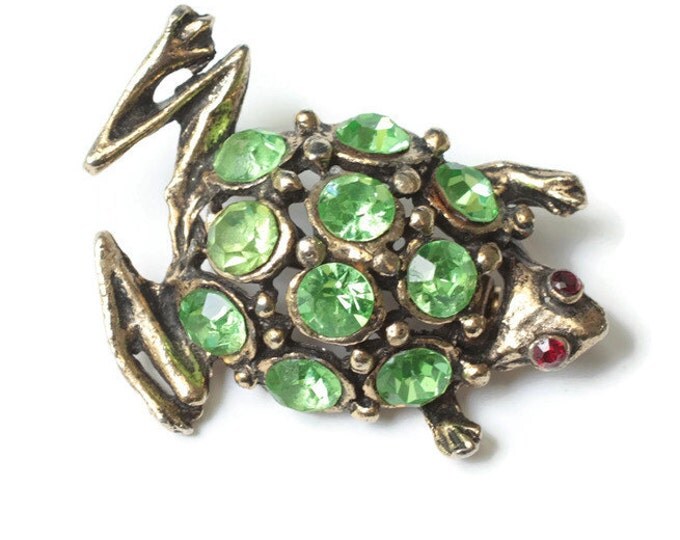 Green Rhinestone Frog Brooch Gold Tone Figural Vintage