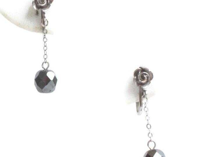 Dark Grey Dangle Earrings Rose Accent Hematite Clip On Vintage