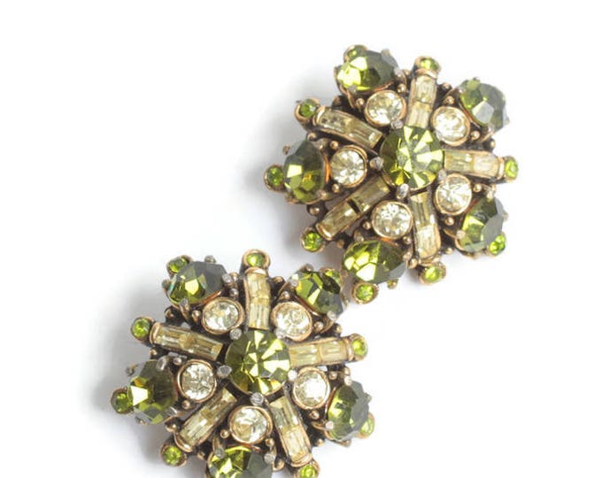 Hollycraft Green and Clear Rhinestone Earrings Star Shaped Vintage