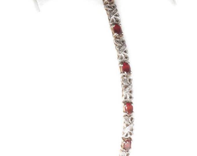 Red Gemstones Bracelet Silver Tone Metal Filigree Links Vintage