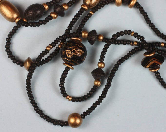 Black Bead Necklace Gold Painted Wooden Beads 60 Inch Long Boho Bohemian Vintage