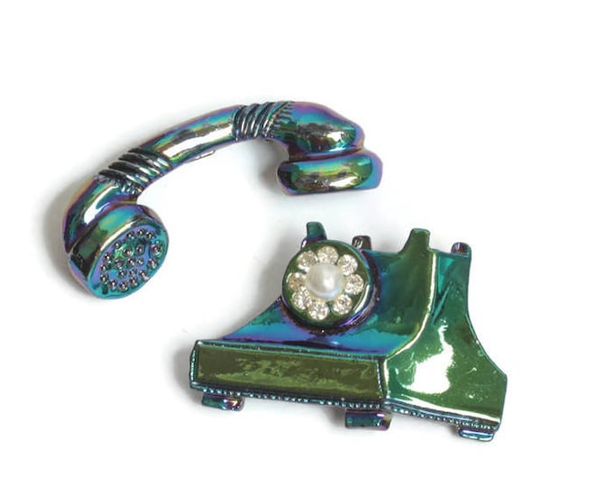 Rotary Telephone Scatter Pin Set Rhinestone and Faux Pearl Dial Iridescent Finish Vintage