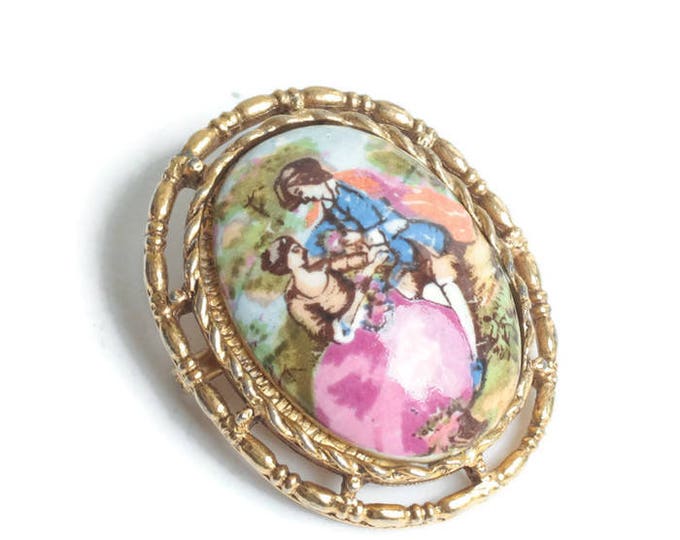 Courting Couple Romantic Lovers Brooch Pendant Porcelain Transfer Vintage