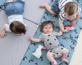 Baby Play mat , Cotton Padded Play Mat for babies in blue and gray with cool Bambi print