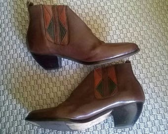 Super cool vintage Aztec brown leather ankle boots Chelsea cowboy Cuban heels UK 5.5 US 8