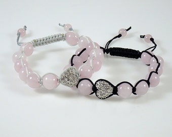 Rose Quartz & Heart Pave Crystal Shamballa Bracelet