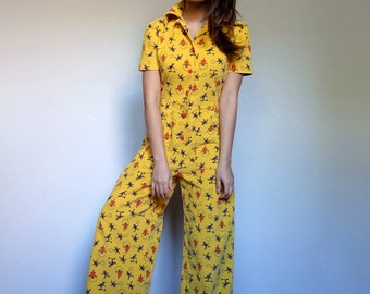 Vintage Jumpsuit Women 80s Novelty Print Jumpsuit Pockets Teddy Bear Print Yellow Jumpsuit Corduroy One Piece Romper - Small S