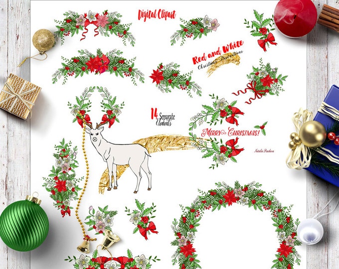 Red and White. Clip art, Christmas clipart, poinsettia, mistletoe, deer, Christmas tree, poinsettia, bow, wreath
