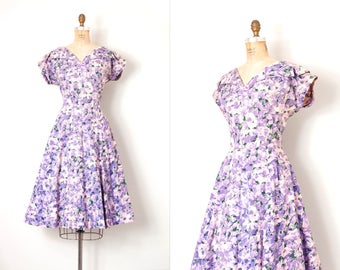 vintage 1950s dress / purple floral print cotton 50s dress / medium - large