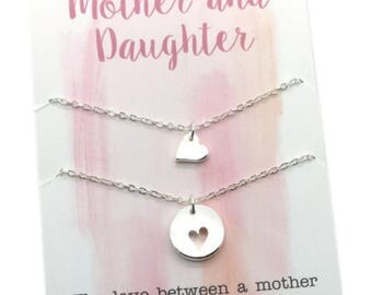Mother Daughter Necklace set, Tiny Hearts & cut out heart charm necklace, optional mother of two, mother of three, mother and daughters