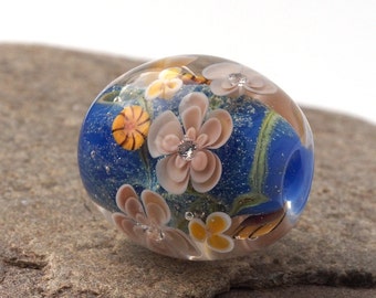 Artisan Lampwork Bead, Blue Floral Focal with cubic zircon
