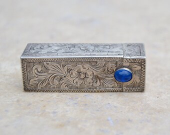 Vintage 800 Silver Lipstick Tube Ornate Engraving Mirror Blue Stone