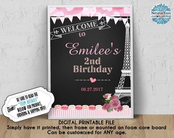 DIGITAL Welcome to My Birthday Poster, 8x10, 11x14, 16x20,18x24, French Paris Eiffel Tower, Pink Roses, Chalkboard Look Sign, JPG
