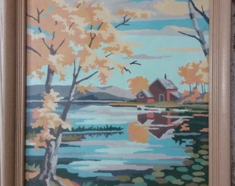 Vintage Paint by number art in frame with glass Original