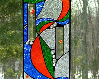 Stained glass panel, abstract art, tiffany style glass, blue orange green, modern decor, sun catcher, art deco, stained glass window panel