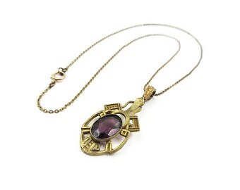 Victorian Revival Pendant Necklace - Amethyst Glass, Gilt Gold Tone, Vintage Necklace, Vintage Jewelry