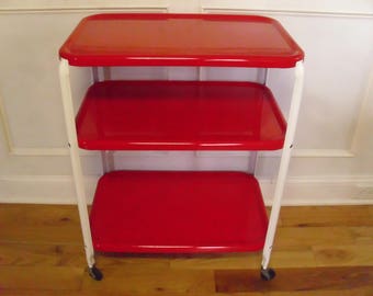 ON SALE Vintage 1950's 3 Tiered Red Metal Rolling Cart
