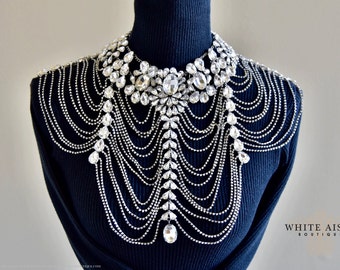 Crystal Bridal Shoulder Necklace, Statement Necklace, Rhinestone Necklace, Vintage Inspired Necklace, Wedding Necklace, Backdrop Necklace