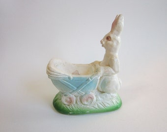 vintage chalkware RABBIT figurine - rabbit with baby carriage - painted chalkware, painted plaster