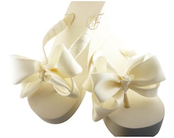 Bridal Wedge Flip Flops, Double bow Wedding Flip Flops/ Bridal sandal satin knot/ wedding Ivory Platform Plain Heel White Bride bridesmaids