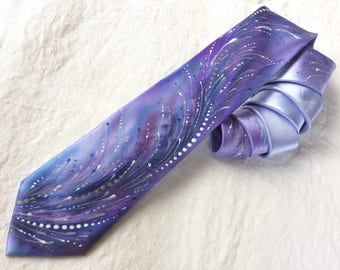 Purple silk necktie with scrolls, handpainted designer's neck tie, original gift for him, violet silk men's tie