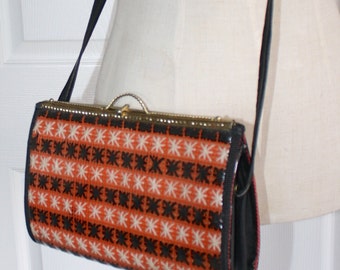 1960s Tapestry Knit Crossbody Bag . Vintage 60s Orange Black Cross Stitch Knit Purse . Clear Vinyl Plastic Overlay . Handbag