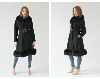 VTG. Black Plush Trim Winter Coat- M, Penny Lane Coat, Shearling, Jet Black, Hippie Boho Jacket