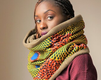 Orange Yellow Target African Print Unisex snood with moss green fleece