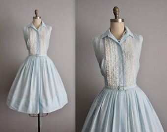 50's Shirtwaist Dress // Vintage 1950's Baby Blue Ruffle Full Garden Party Shirtwaist Dress S