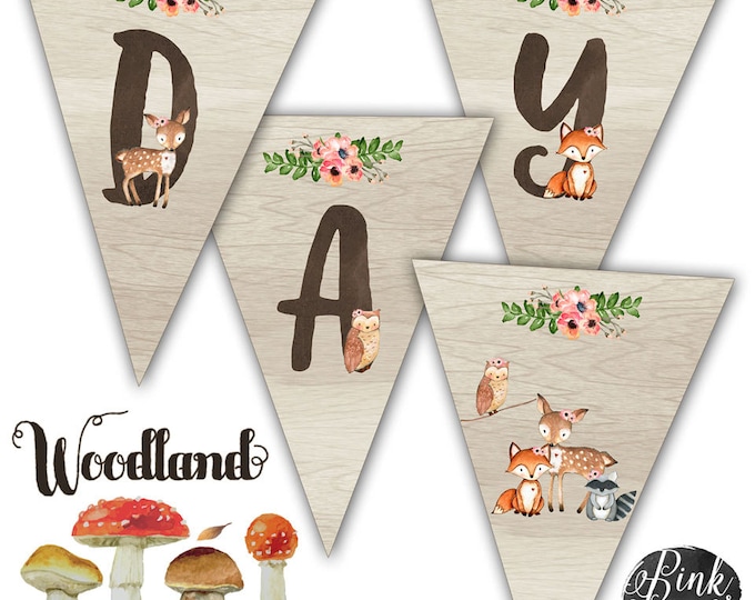 Sweet Woodland Happy Birthday Banner, Rustic Woodland, Woodland Party, Instant Download, Print Your Own