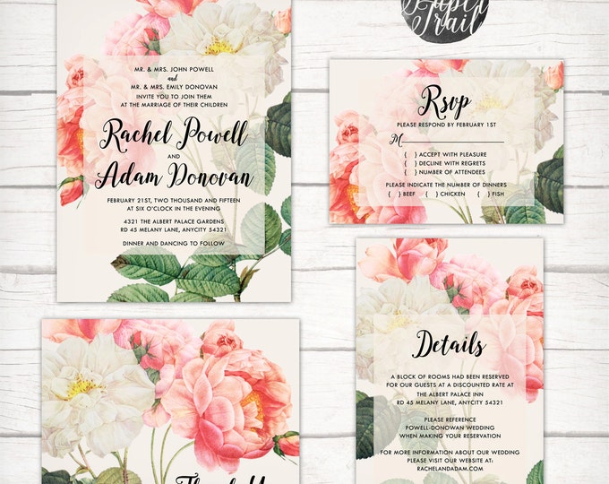 Printable Wedding Invitation Suite v.3 - Rustic, Vintage Wedding, Romantic, Spring, Garden, Pink and Cream, Romantic, Calligraphy Invitation