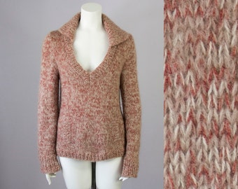 70s Vintage Marled Wool Deep V Sweater. Made in Italy (M)