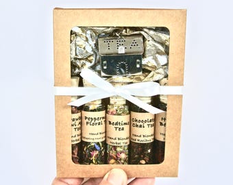Herbal Tea Sampler Gift Set- 5 Mini Bottles Loose Leaf Tea, Beaded Tea Infuser, Mad Hatter High Tea Party, Tea Gift, Hostess Gift, High Tea