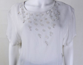 Vintage White Beaded Cropped Silky Top One Size