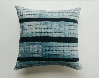 Indigo Batik Stripe Hmong Pillow Cover - Boho Tribal Pillow - Bohemian Throw Pillows