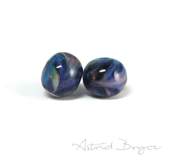 Tropical Flower Rounds Art Glass Bead Set Lampwork Beads - Lovely Purple and Primrose layered over Turquoise and under Crystal Clear Glass