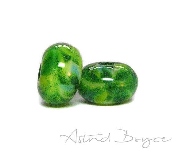 Luck of the Irish Artisan Glass Lampwork Bead Pair - For Good Luck Bracelet or Earrings - Pantone Color of the Year - Greenery with Sparkle
