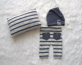 NEW-Baby Photography Props-Three Pieces Stripe Boy Set-Newborn Photo Prop Sets-Newborn Posing Pillow-Baby Pants and Sleepers Hat