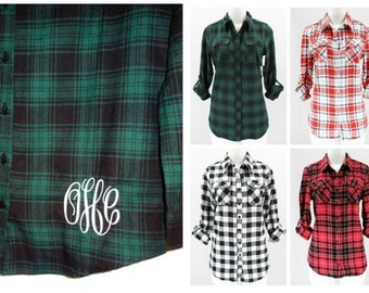 Fitted Plaid Flannel Shirt With Monogram Plaid Button Front Blouse Monogrammed Buffalo Plaid Flannel Shirt
