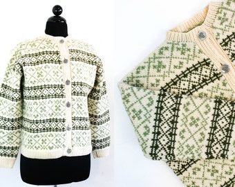 Vintage 1960s Norwegian sweater . Nordic Spruce . green fair isle cardigan . 1960s diamond knit sweater . lg / xl