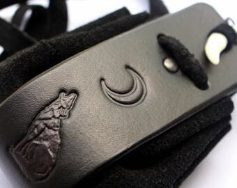 Medicine Pouch Wolf Black Suede Real Leather amulet neck bag purse boho
