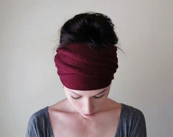 MAROON Head Scarf - Jersey Knit Yoga Headband - Cabernet Red Hair Wrap - Garnet Red Ear Warmer - Womens Workout Hair Accessory - Boho Wrap