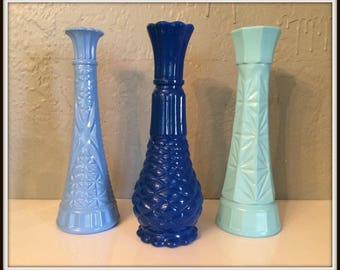 Reduced ~ Upcycled Milk Glass Vases ~ Set of 3 ~ Vintage Milk Glass ~ Spa Blue~Deep Blue~Aqua ~ Upcycled Vases ~ Painted Vases ~ Room Decor