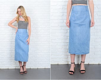 Vintage 80s 90s Blue Jean Pencil Skirt Straight Denim High Waist Midi Medium M 9437