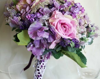 Purple flower and brooch bouquet. Roses, hydrangea, sweet peas and lavender. Brooch Bouquet, Silk Flowers, Bling bouquet, Jeweled bouquet