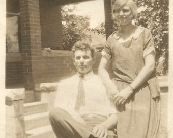 Vintage Snapshot "Young Marrieds" Pretty Girl Flapper Dress Handsome Man Found Vernacular Photo