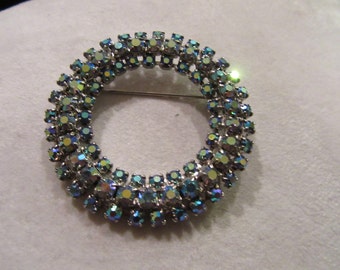 Vintage Blue Rhinestone Aurora Borealis Circle Brooch