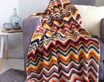 Chevron blanket - Unique fall autumn multi color crochet afghan throw