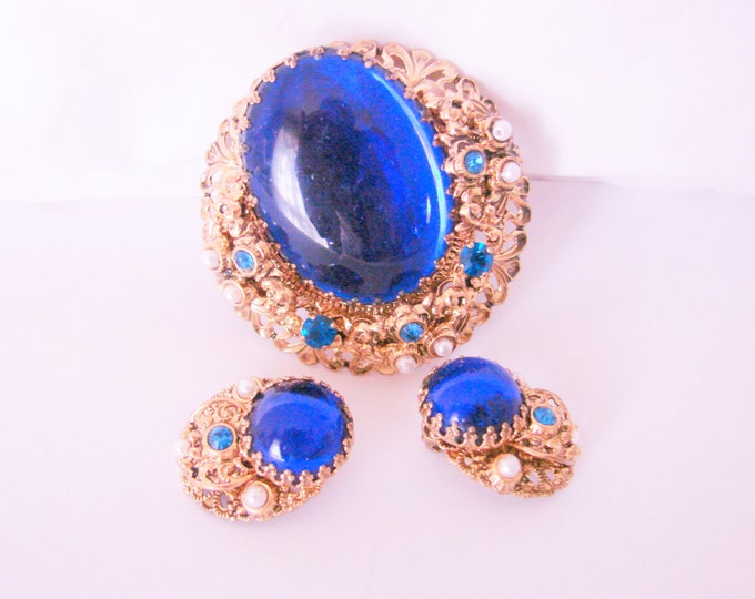 Victorian Revival West Germany Demi Parure Large Blue Glass Cabochon Rhinestone Brooch & Earrings 1950s 1960s Vintage Jewelry