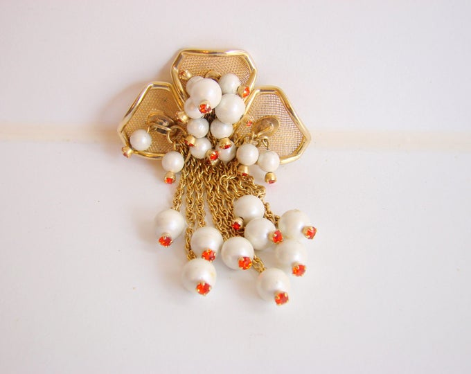 Large Vintage Girandole Pearl Rhinestone Brooch / Multi Chain / Statement Brooch / Orange Rhinestones / Jewelry / Jewellery